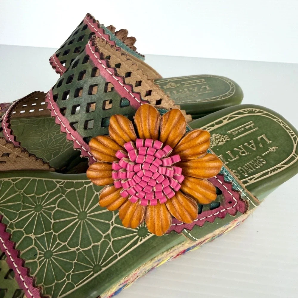 Spring Step L'Artiste Lona Green Leather Floral Wedge Sandals Slides EU 38